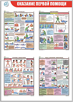 Стенд Оказание первой помощи (Пластик ПВХ 4 мм, алюминиевый профиль, плакат Соуэло  А4 -Техника реанимации», «Электротравмы», «Остановка кровотечения», «Ожоги, отравления, обморожения» (500х700; Пластик ПВХ 4 мм, алюминиевый профиль; )